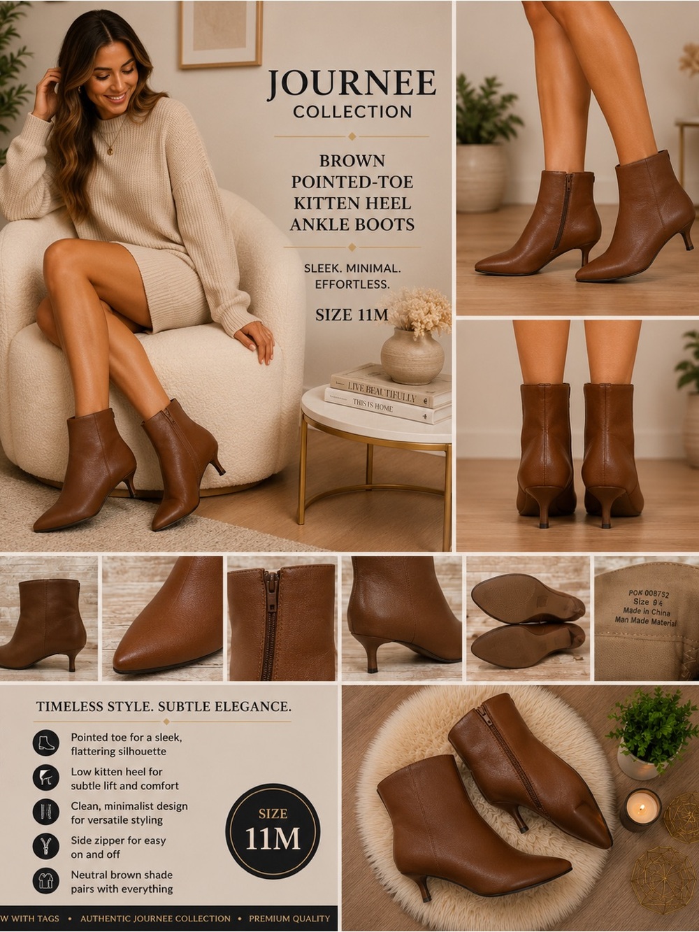 Journee Collection Brown Pointed-Toe Kitten‎ Heel Ankle Boots 11M NEW